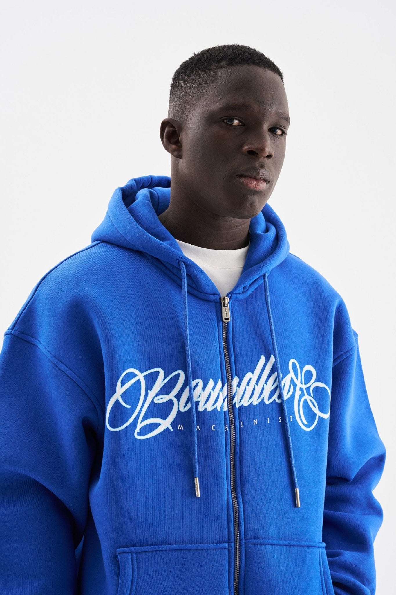 Erkek Baskılı Fermuarlı Kapüşonlu Sweatshirt Açık Mavi