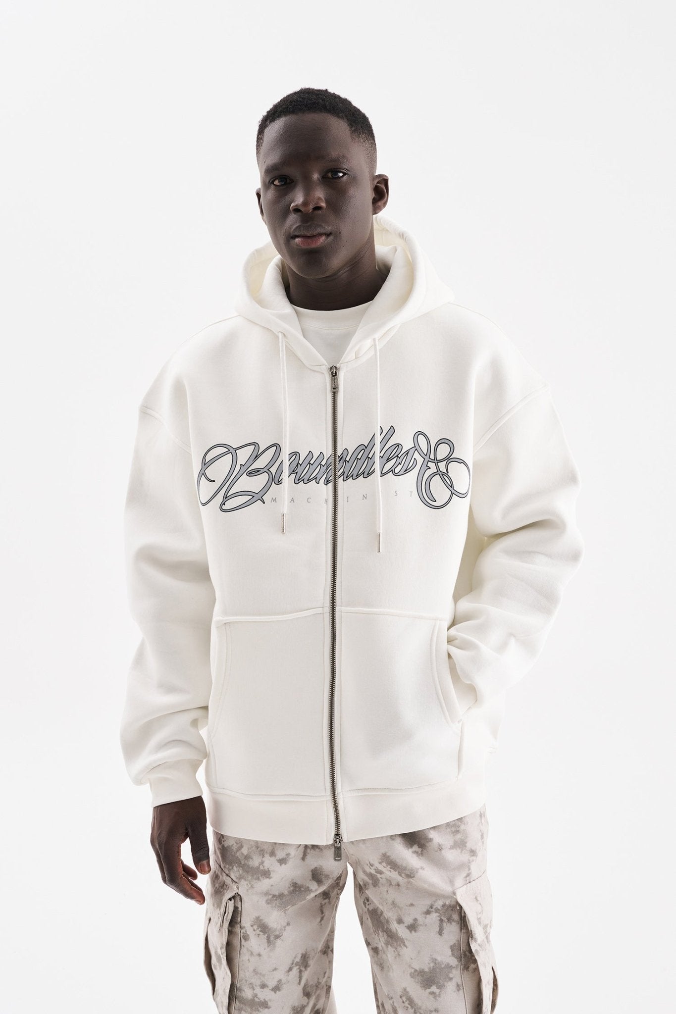 Erkek Baskılı Fermuarlı Kapüşonlu Sweatshirt Ekru
