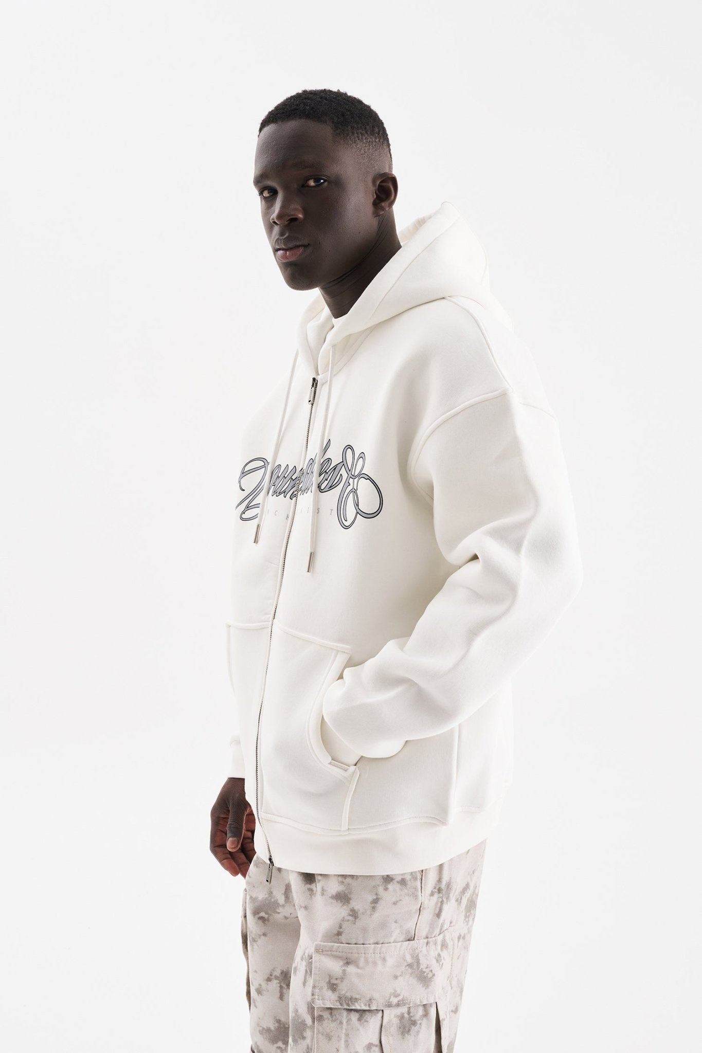 Erkek Baskılı Fermuarlı Kapüşonlu Sweatshirt Ekru