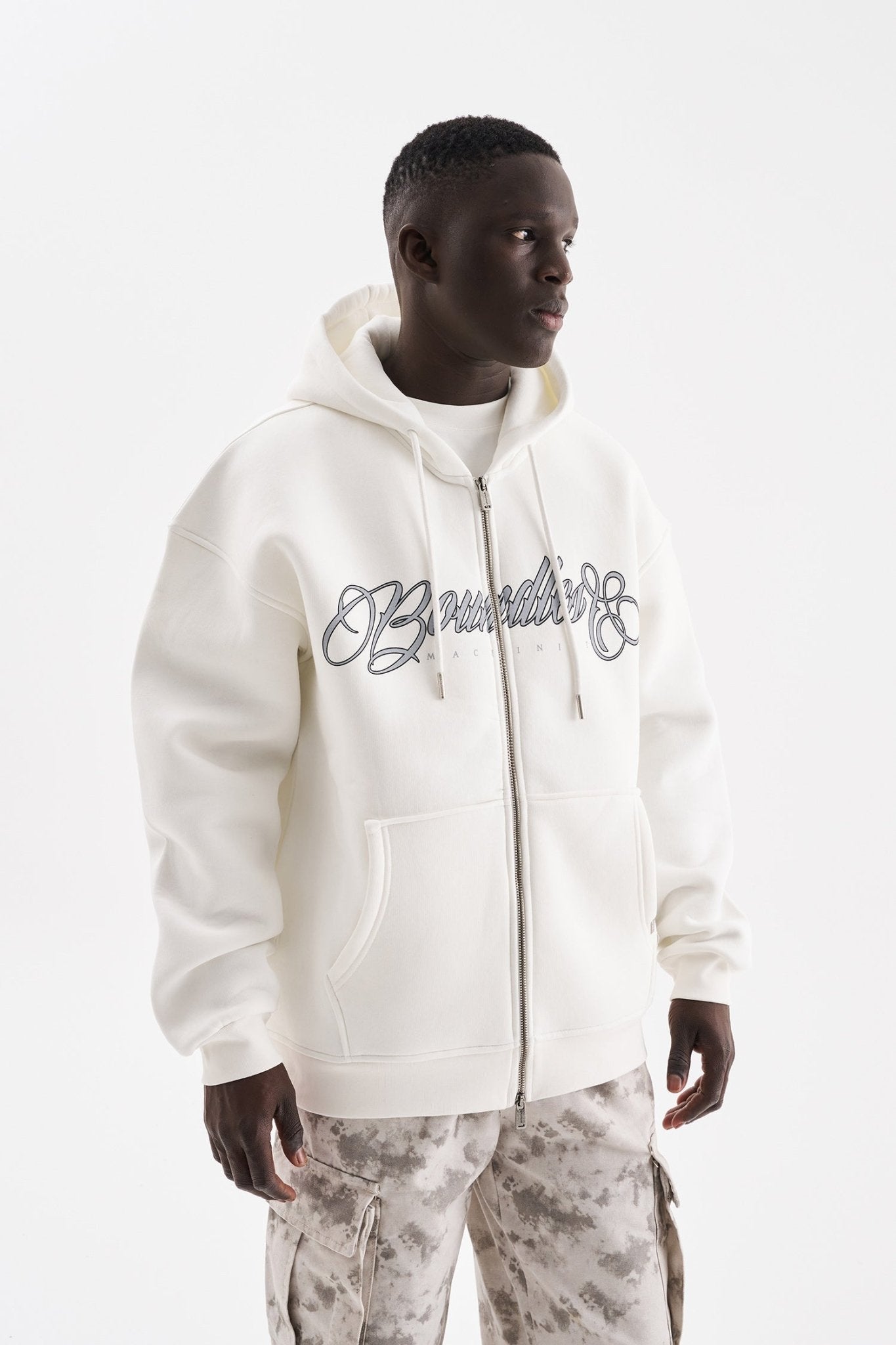 Erkek Baskılı Fermuarlı Kapüşonlu Sweatshirt Ekru