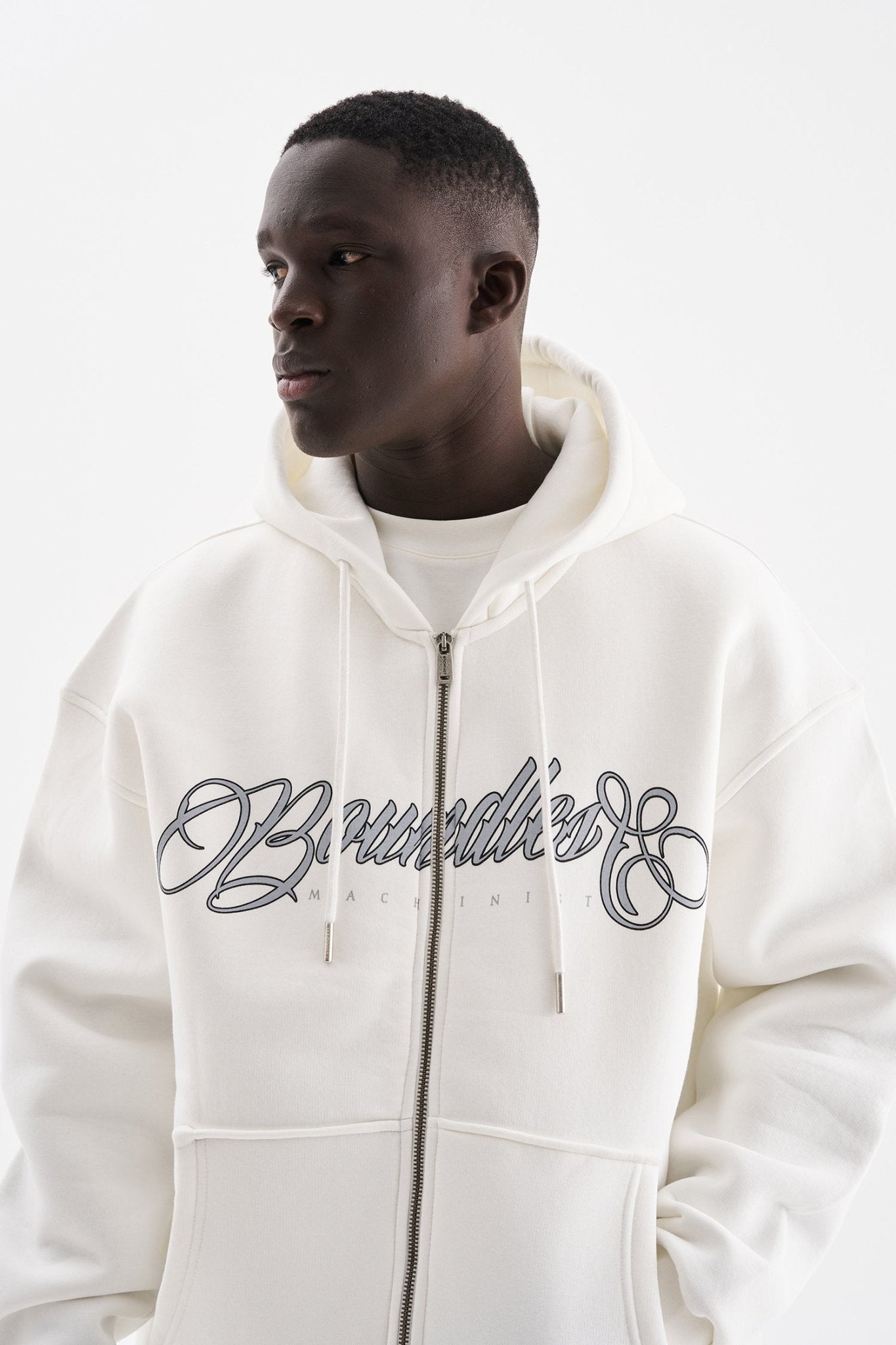 Erkek Baskılı Fermuarlı Kapüşonlu Sweatshirt Ekru