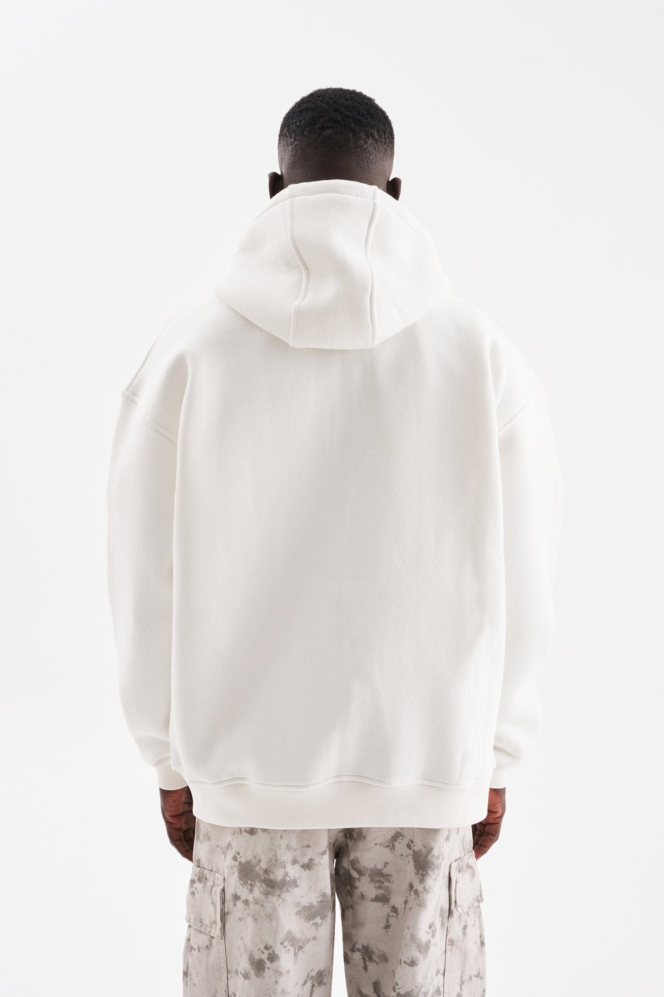 Erkek Baskılı Fermuarlı Kapüşonlu Sweatshirt Ekru