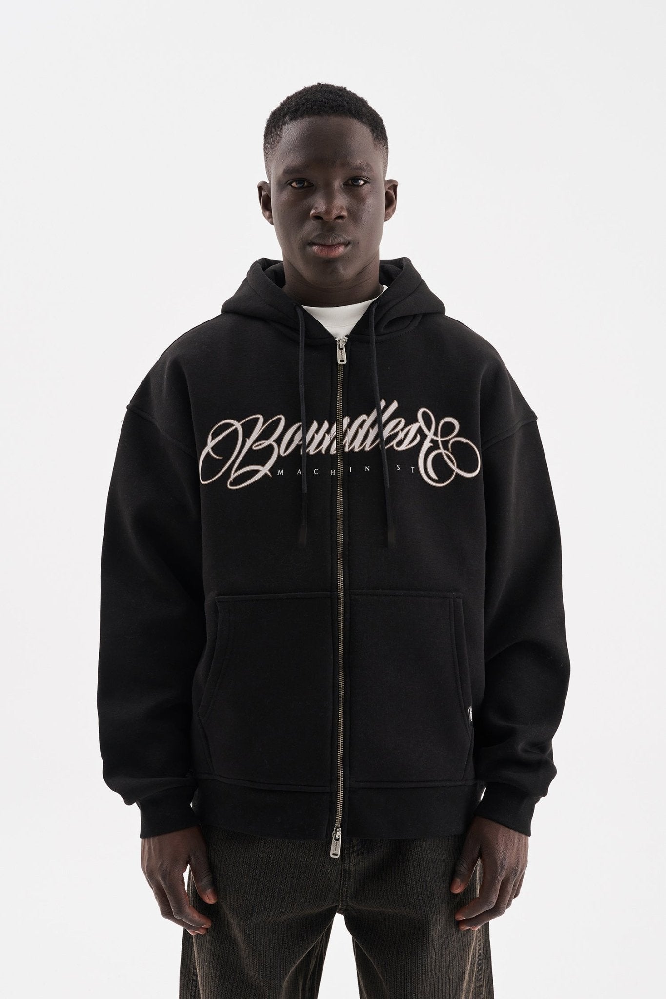 Erkek Baskılı Fermuarlı Kapüşonlu Sweatshirt Siyah