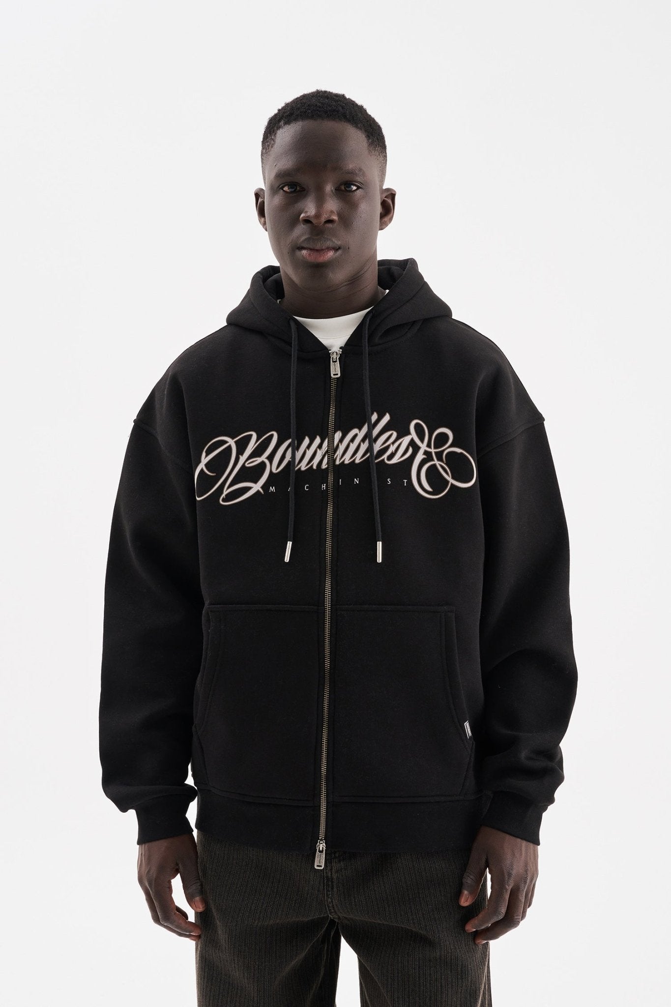 Erkek Baskılı Fermuarlı Kapüşonlu Sweatshirt Siyah