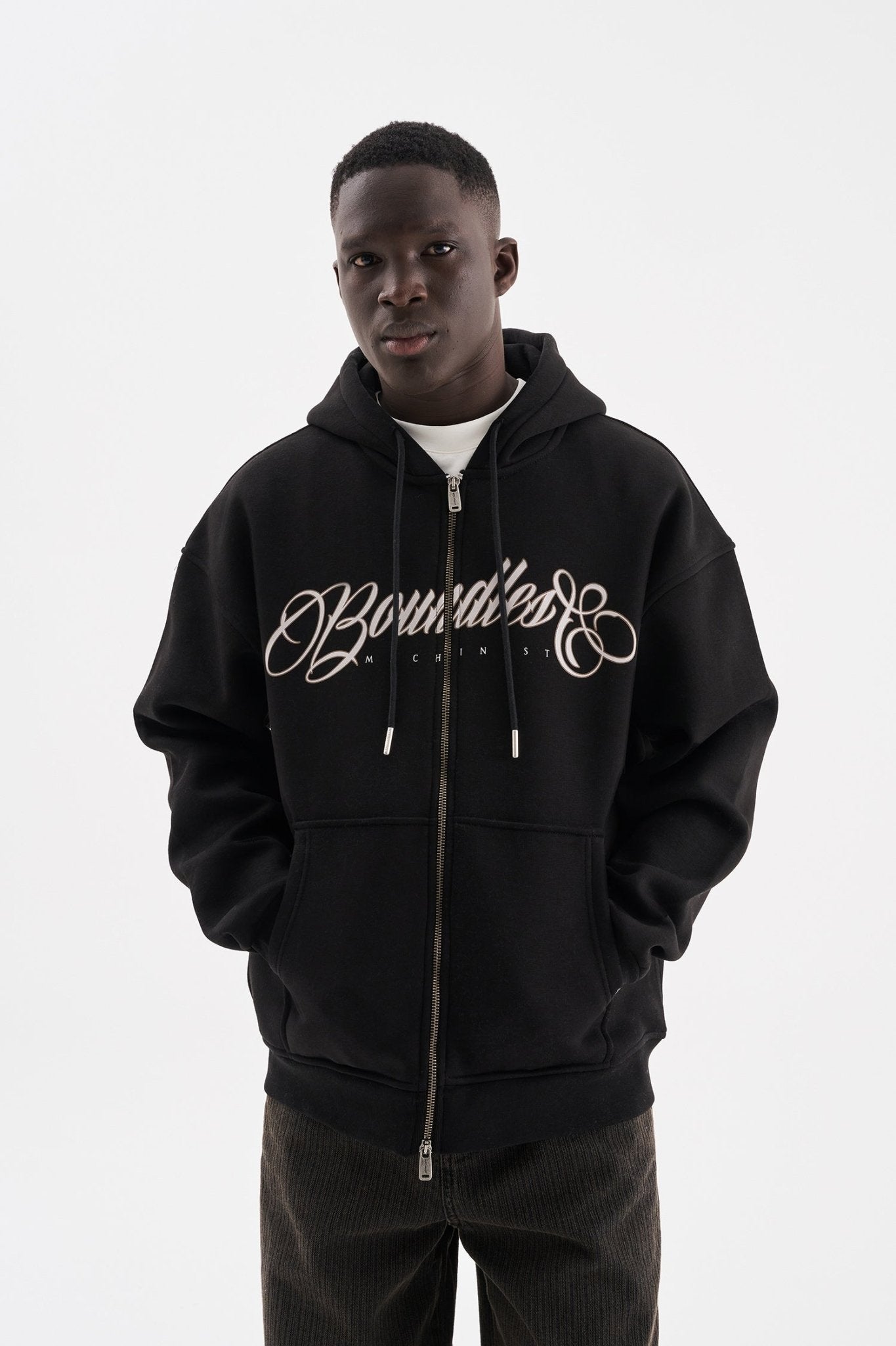Erkek Baskılı Fermuarlı Kapüşonlu Sweatshirt Siyah
