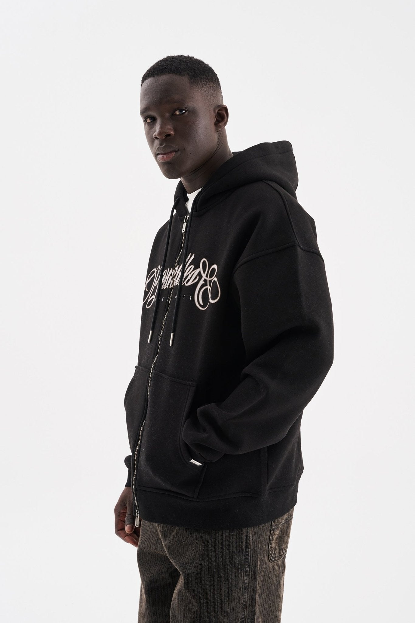 Erkek Baskılı Fermuarlı Kapüşonlu Sweatshirt Siyah