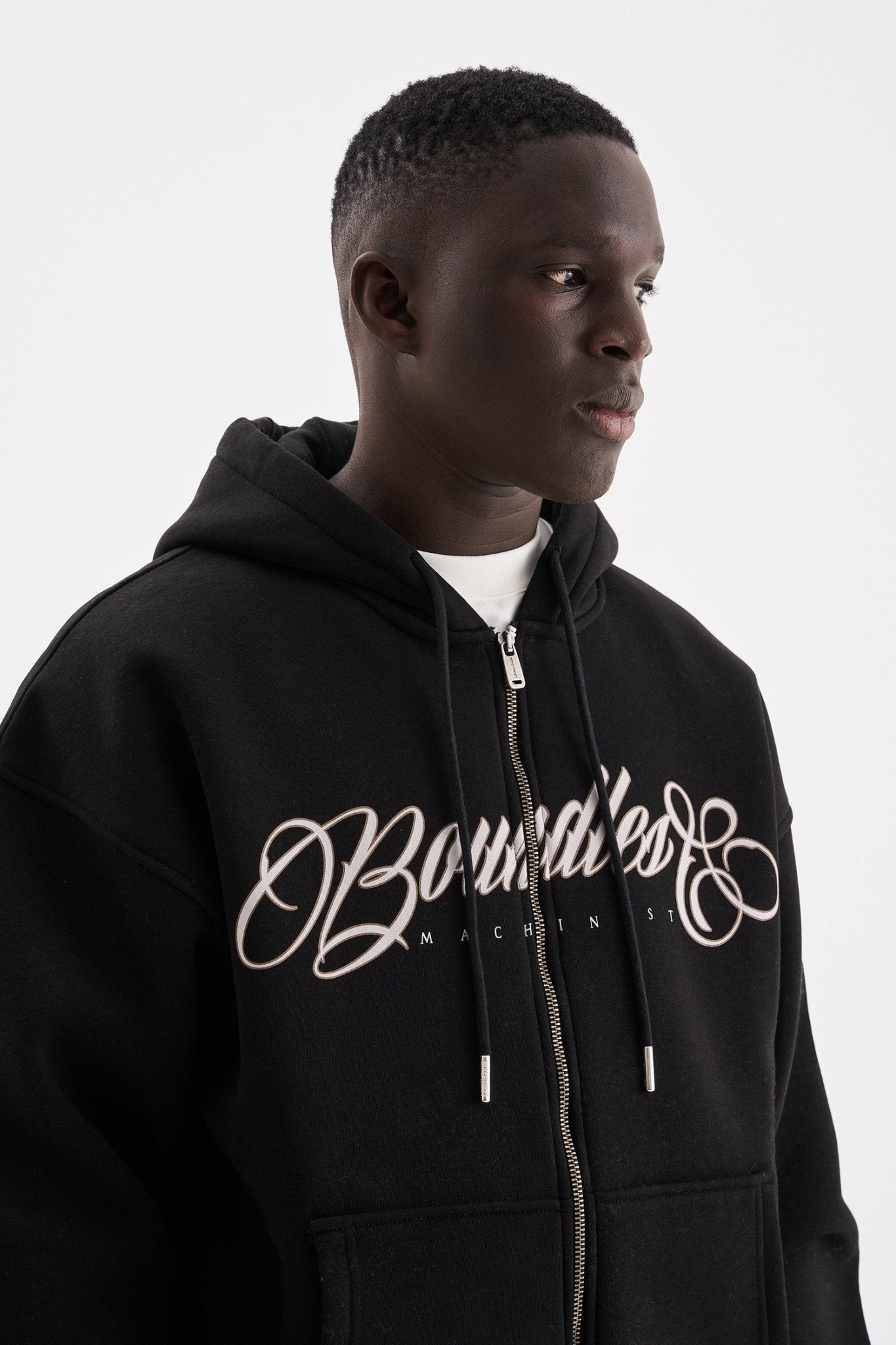 Erkek Baskılı Fermuarlı Kapüşonlu Sweatshirt Siyah