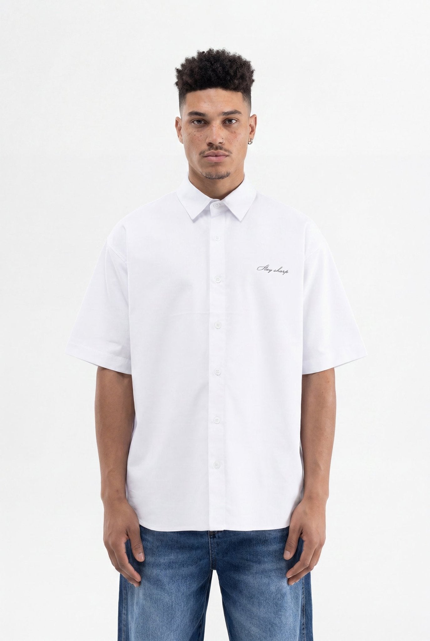 Erkek Baskılı Nakışlı Oversize Gömlek Beyaz