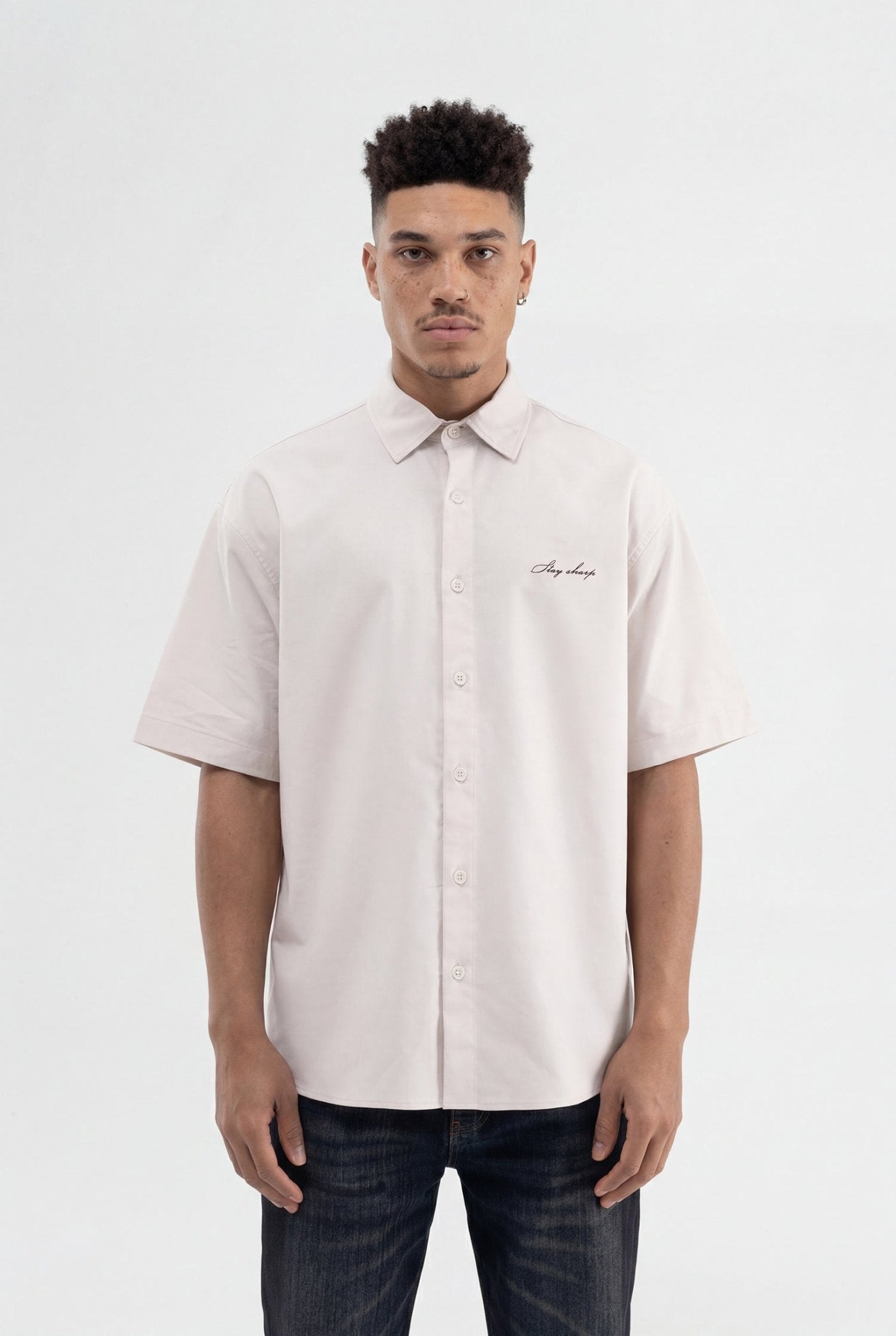 Erkek Baskılı Nakışlı Oversize Gömlek Taş