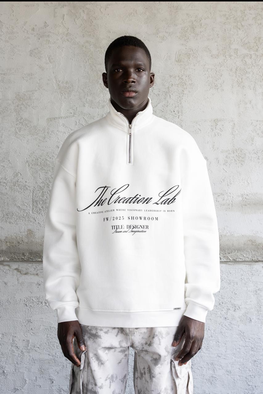 Erkek Baskılı Nakışlı Yüksek Yaka Sweatshirt Ekru