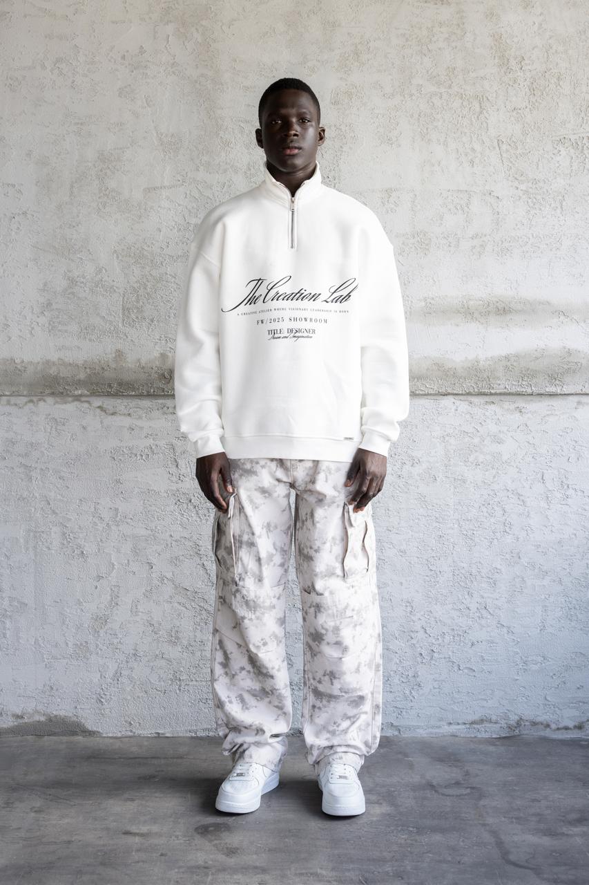 Erkek Baskılı Nakışlı Yüksek Yaka Sweatshirt Ekru
