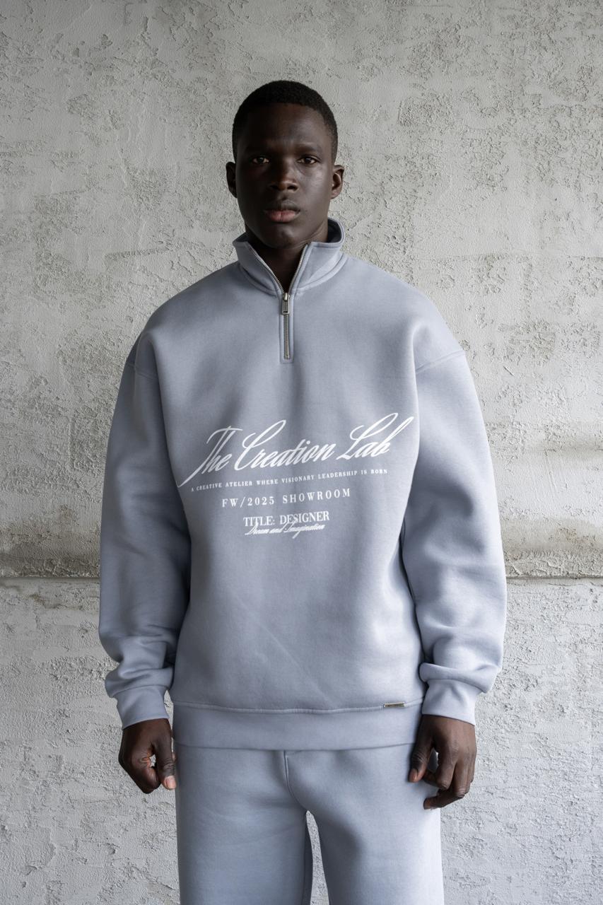 Erkek Baskılı Nakışlı Yüksek Yaka Sweatshirt Mavi - Duman