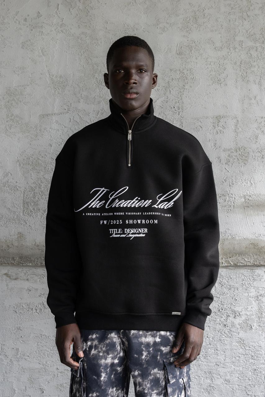 Erkek Baskılı Nakışlı Yüksek Yaka Sweatshirt Siyah