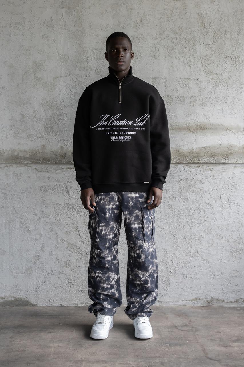 Erkek Baskılı Nakışlı Yüksek Yaka Sweatshirt Siyah