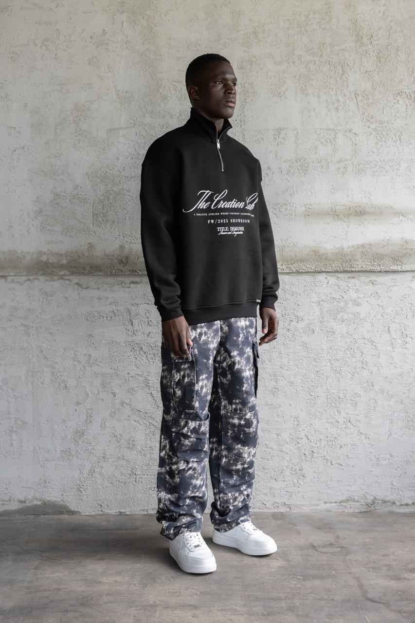 Erkek Baskılı Nakışlı Yüksek Yaka Sweatshirt Siyah