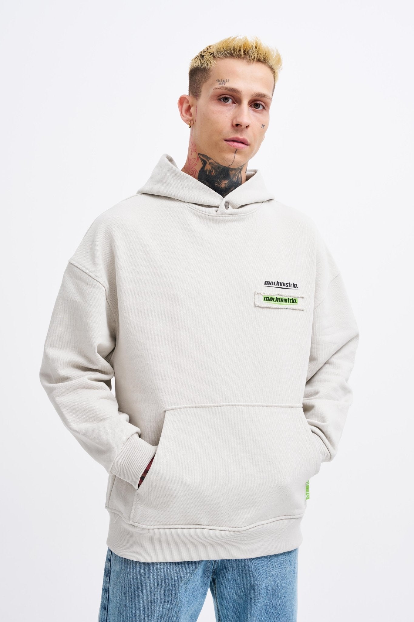Erkek Baskılı Patchwork Kapüşonlu Sweatshirt Uzay Grisi
