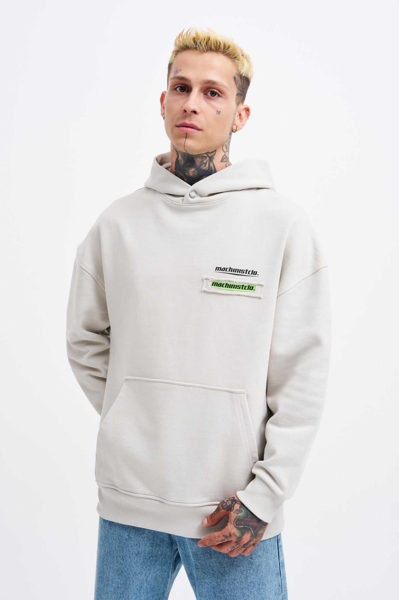 Erkek Baskılı Patchwork Kapüşonlu Sweatshirt Uzay Grisi