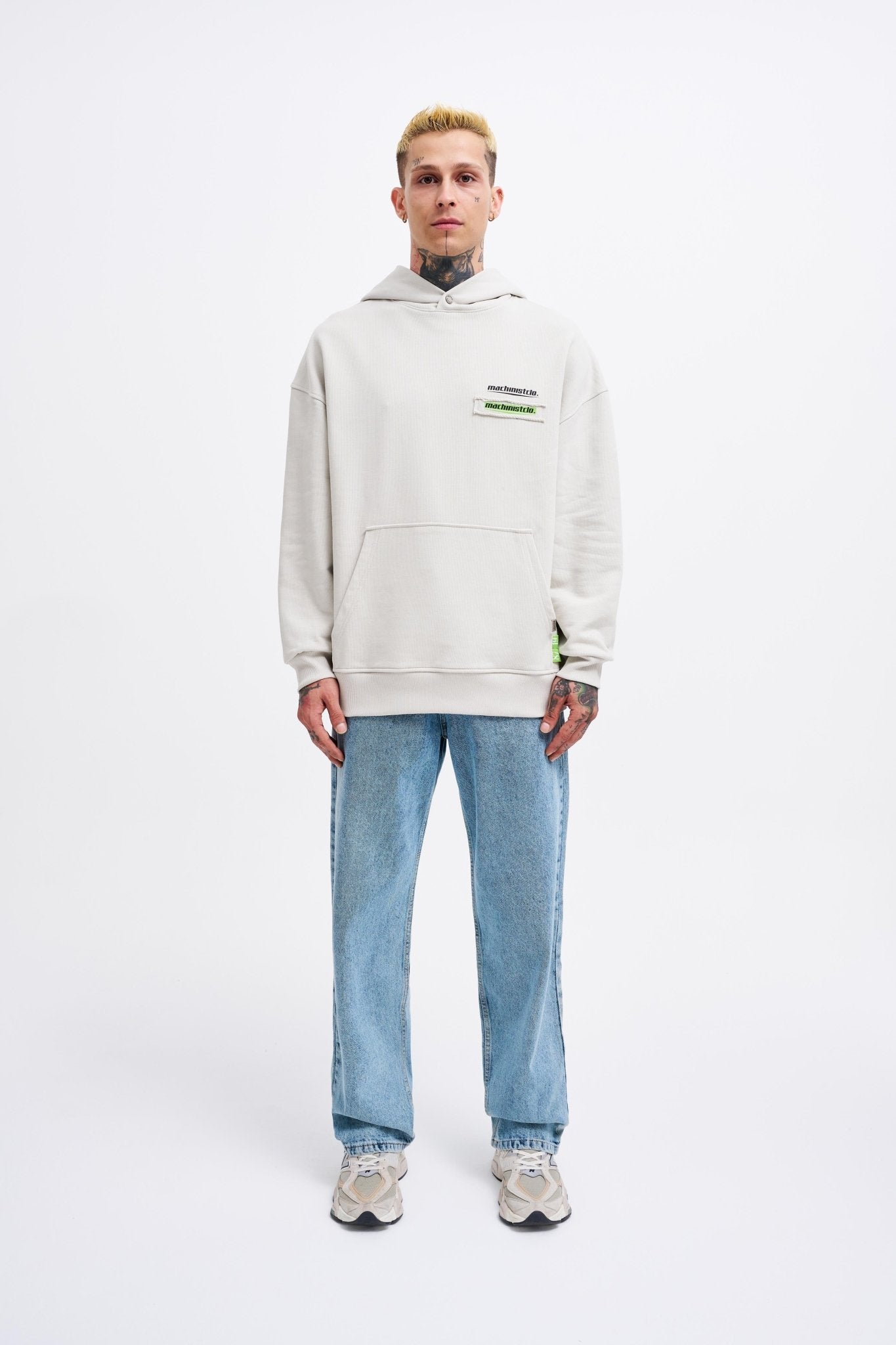 Erkek Baskılı Patchwork Kapüşonlu Sweatshirt Uzay Grisi