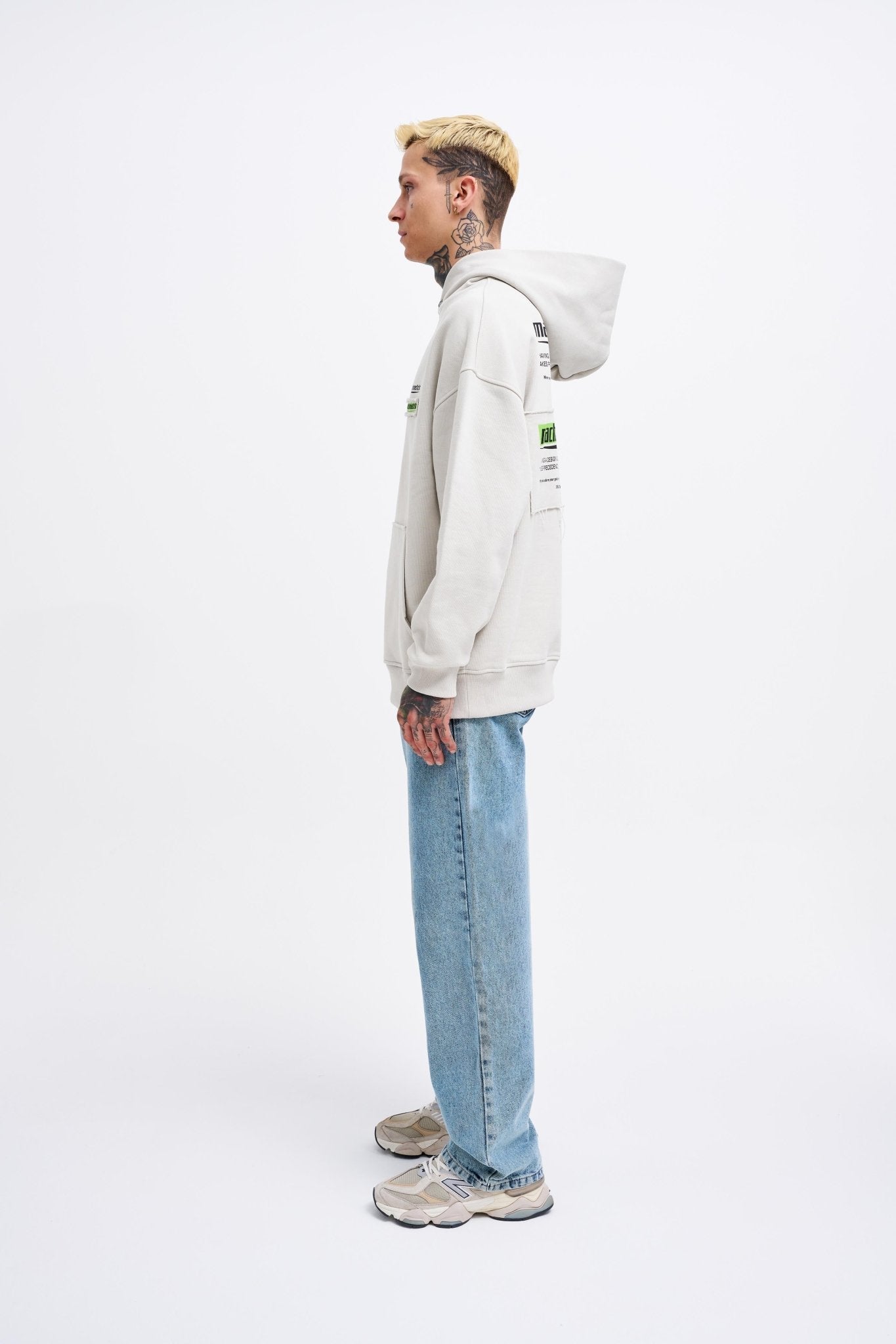 Erkek Baskılı Patchwork Kapüşonlu Sweatshirt Uzay Grisi