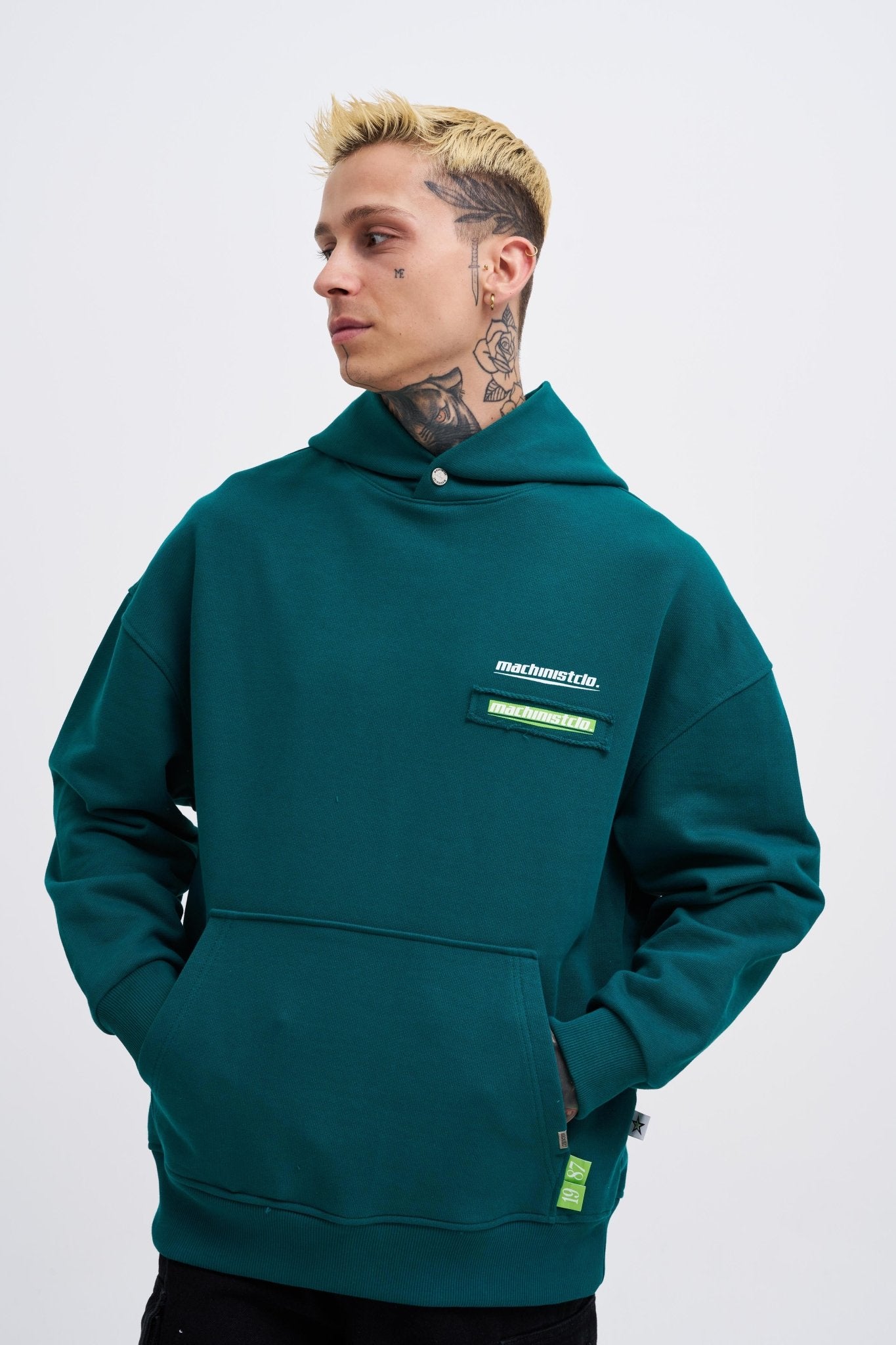 Erkek Baskılı Patchwork Kapüşonlu Sweatshirt Yağ Yeşili