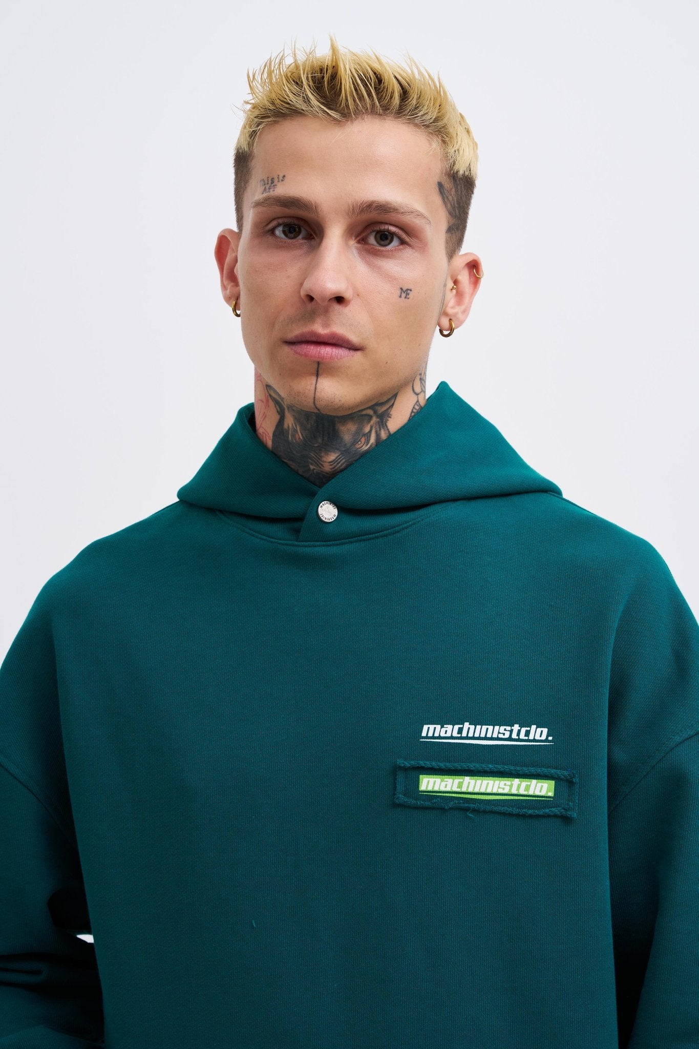 Erkek Baskılı Patchwork Kapüşonlu Sweatshirt Yağ Yeşili