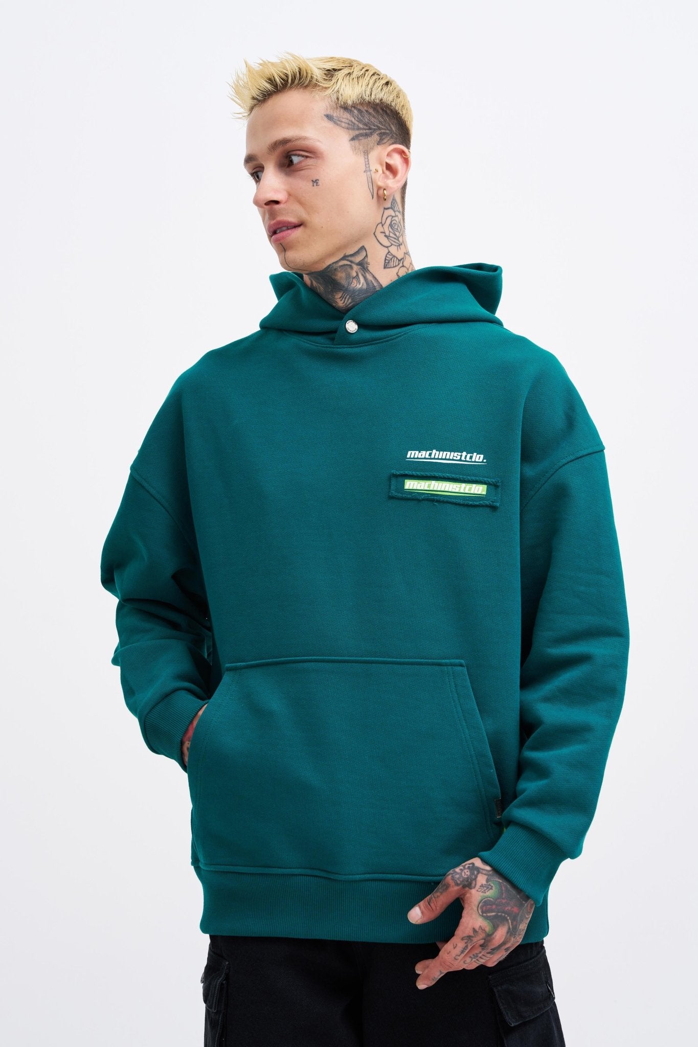Erkek Baskılı Patchwork Kapüşonlu Sweatshirt Yağ Yeşili