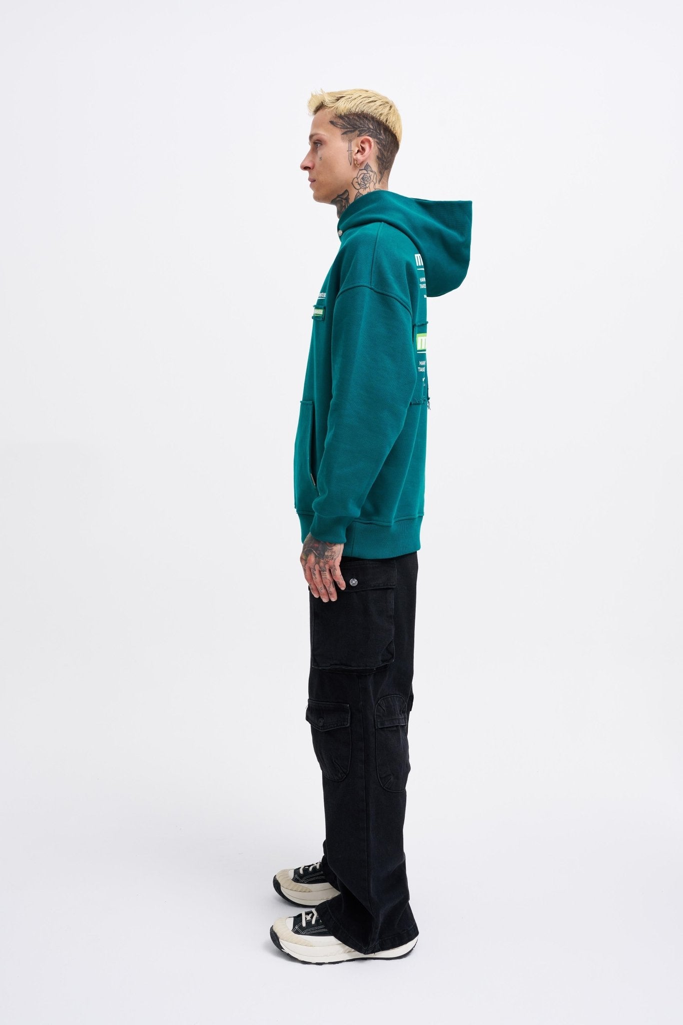 Erkek Baskılı Patchwork Kapüşonlu Sweatshirt Yağ Yeşili