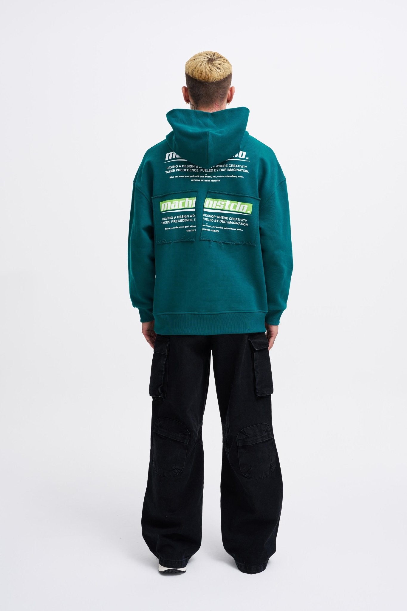 Erkek Baskılı Patchwork Kapüşonlu Sweatshirt Yağ Yeşili