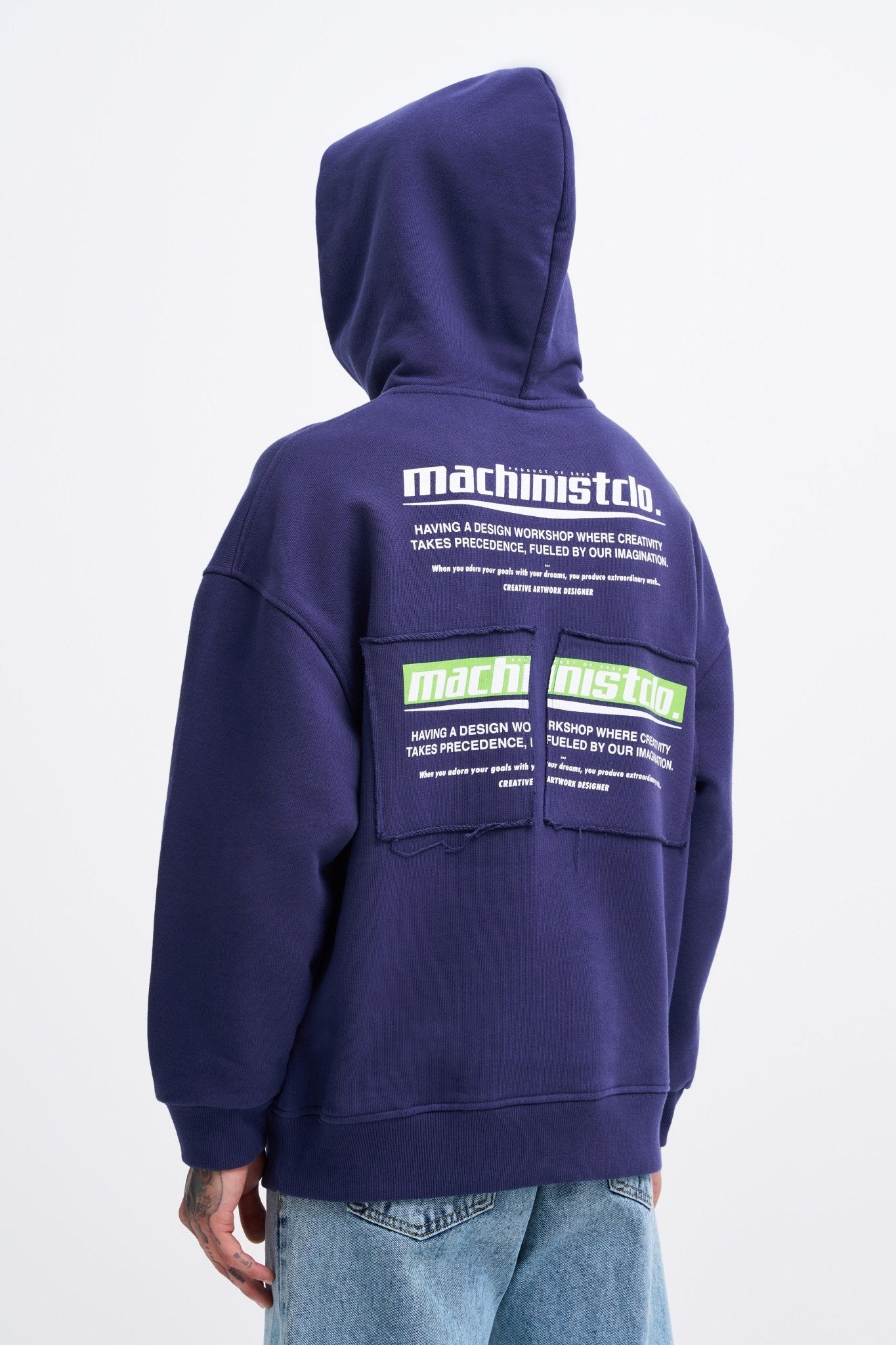 Erkek Baskılı Patchwork Kapüşonlu Sweatshirt Gece Mavisi