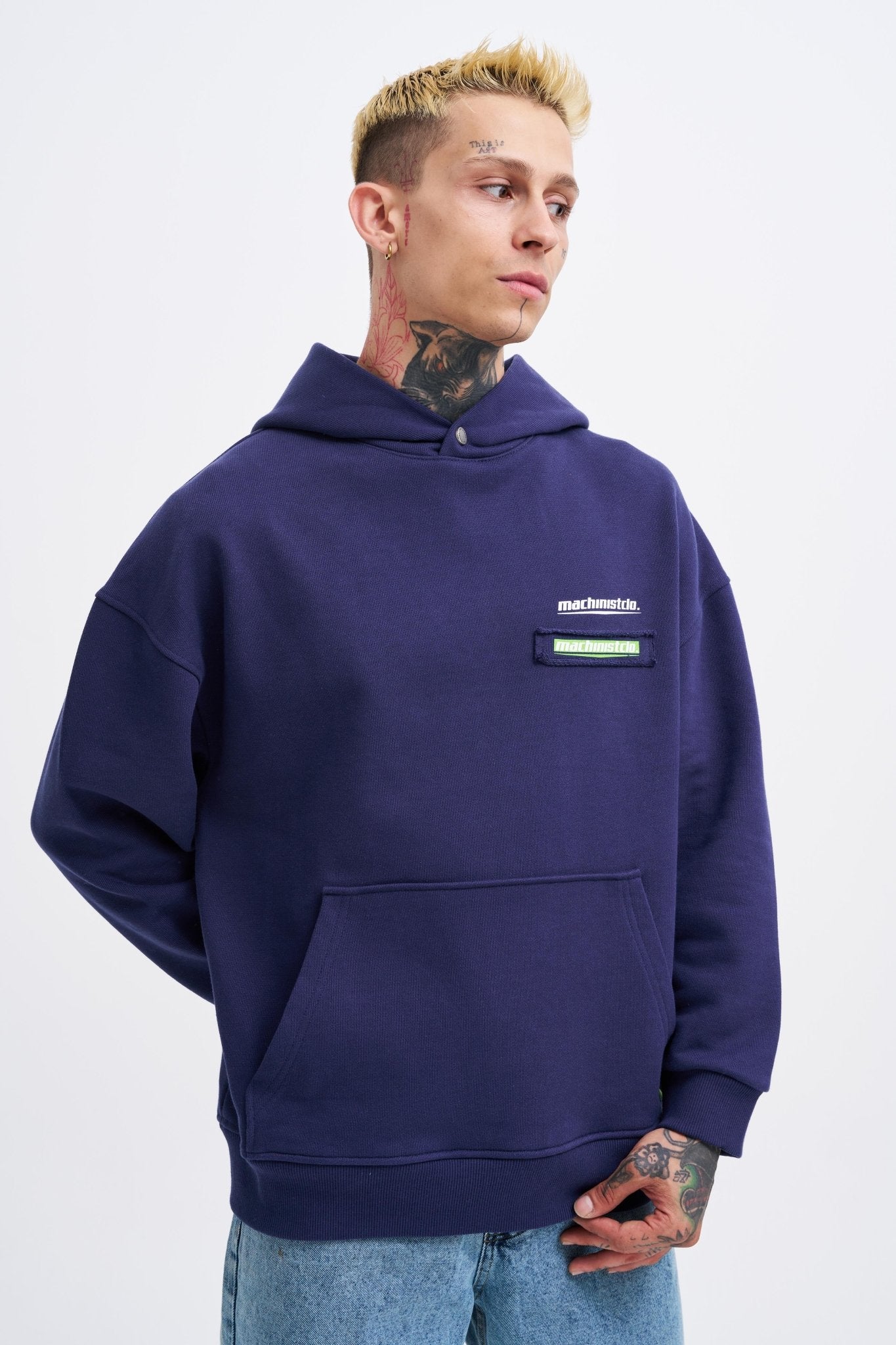 Erkek Baskılı Patchwork Kapüşonlu Sweatshirt Gece Mavisi