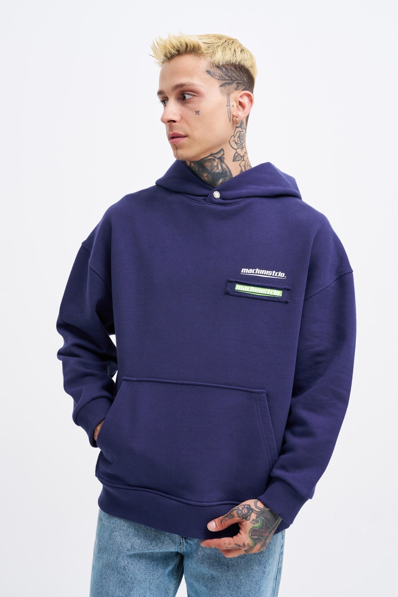 Erkek Baskılı Patchwork Kapüşonlu Sweatshirt Gece Mavisi