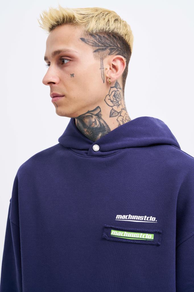 Erkek Baskılı Patchwork Kapüşonlu Sweatshirt Gece Mavisi
