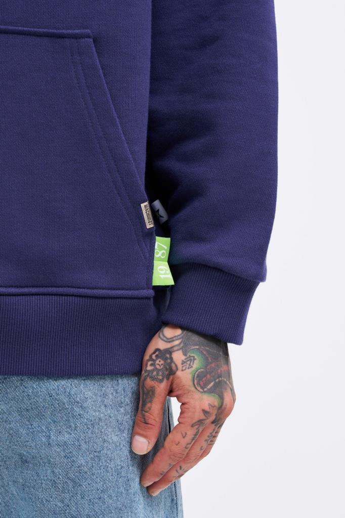 Erkek Baskılı Patchwork Kapüşonlu Sweatshirt Gece Mavisi
