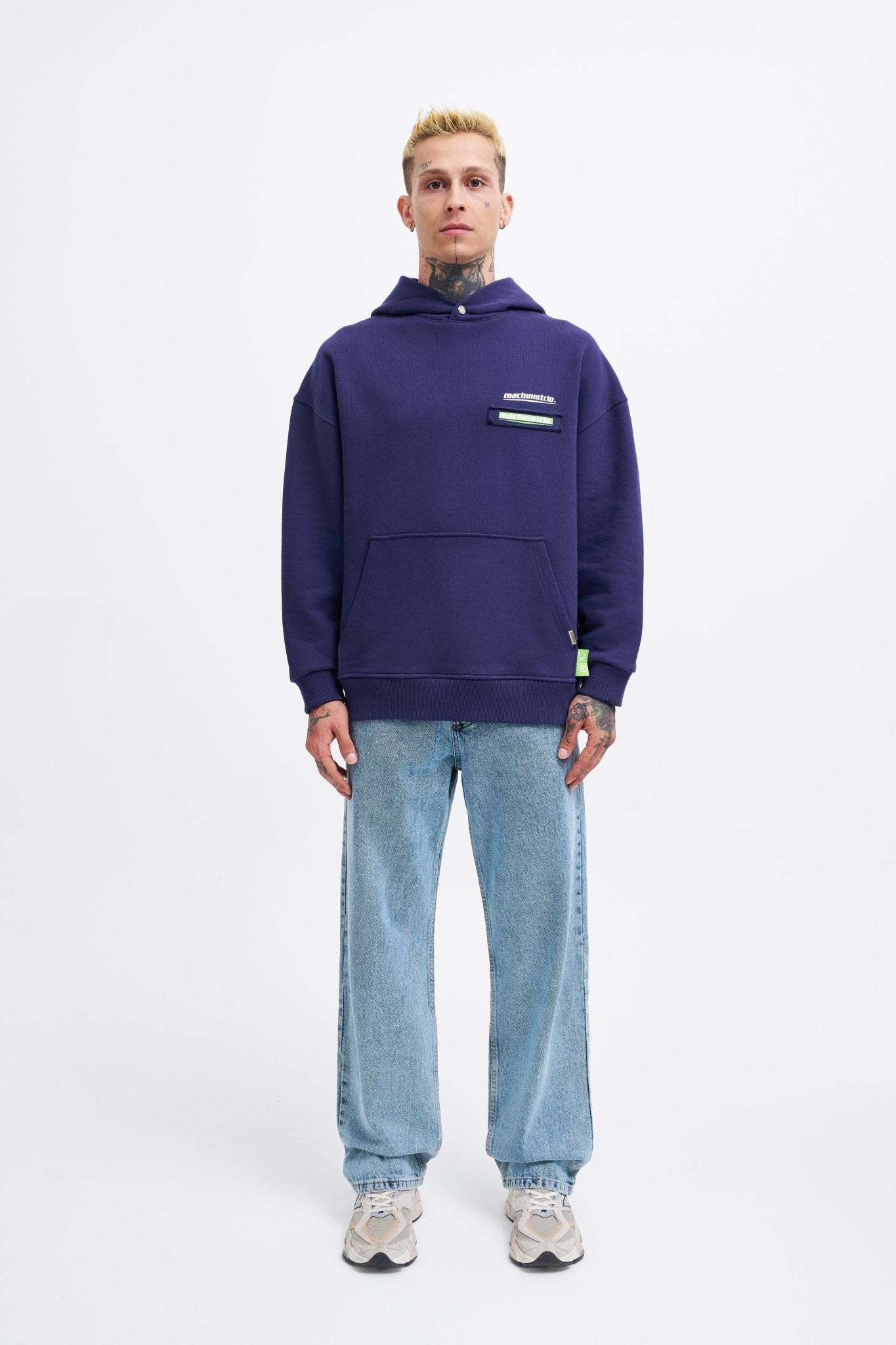 Erkek Baskılı Patchwork Kapüşonlu Sweatshirt Gece Mavisi