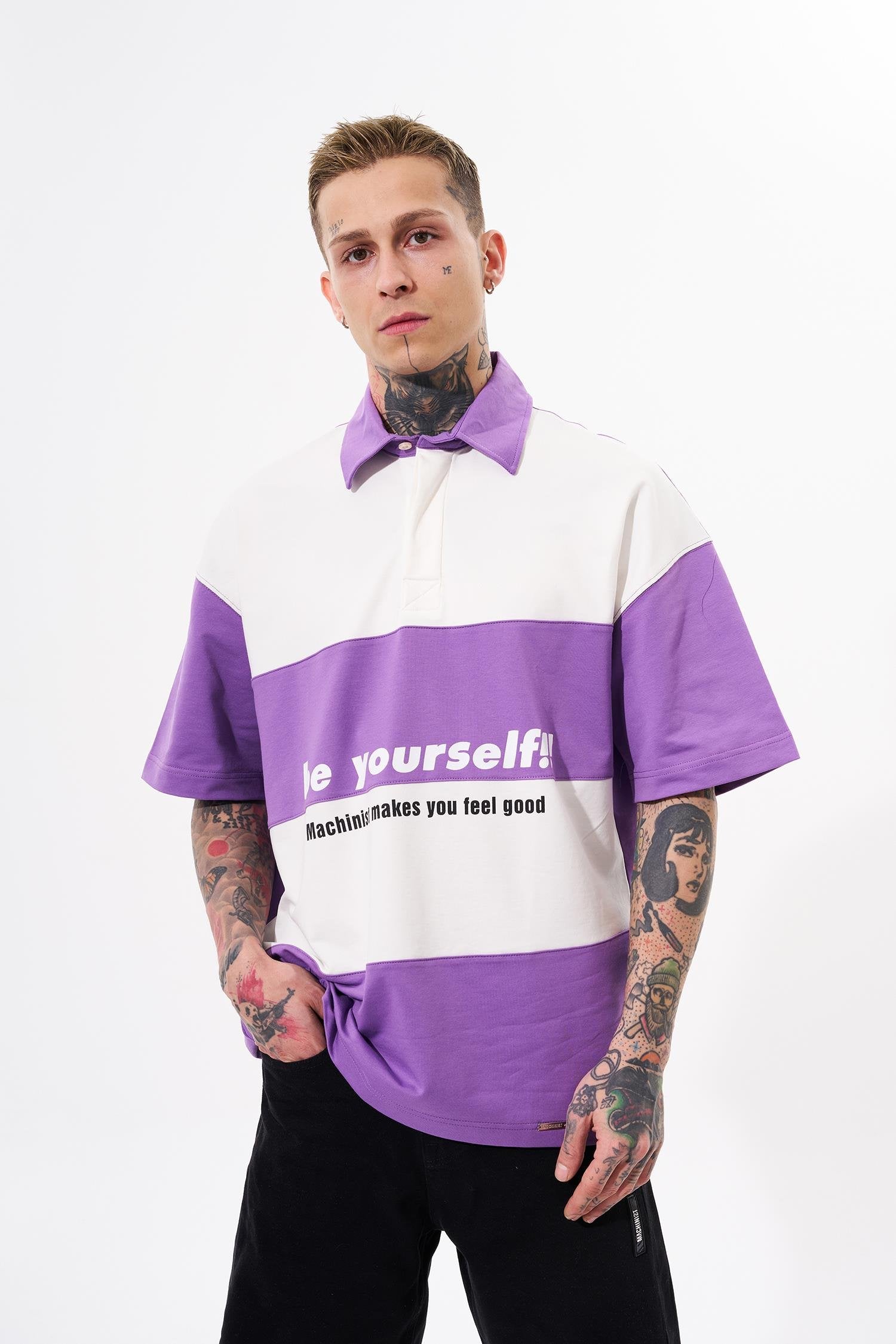 Erkek Be Yourself Polo Yaka Oversize Tişört Mor