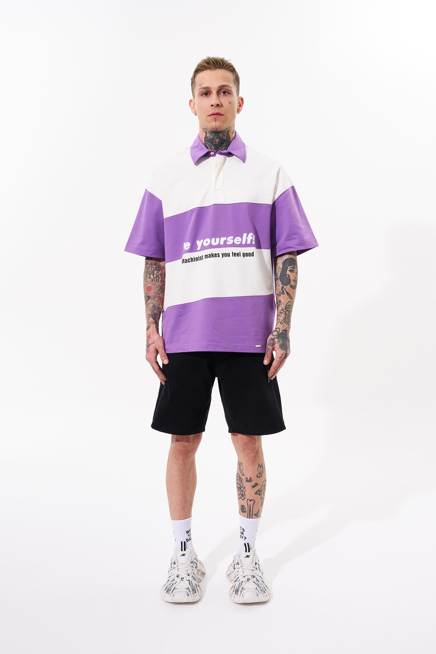Erkek Be Yourself Polo Yaka Oversize Tişört Mor