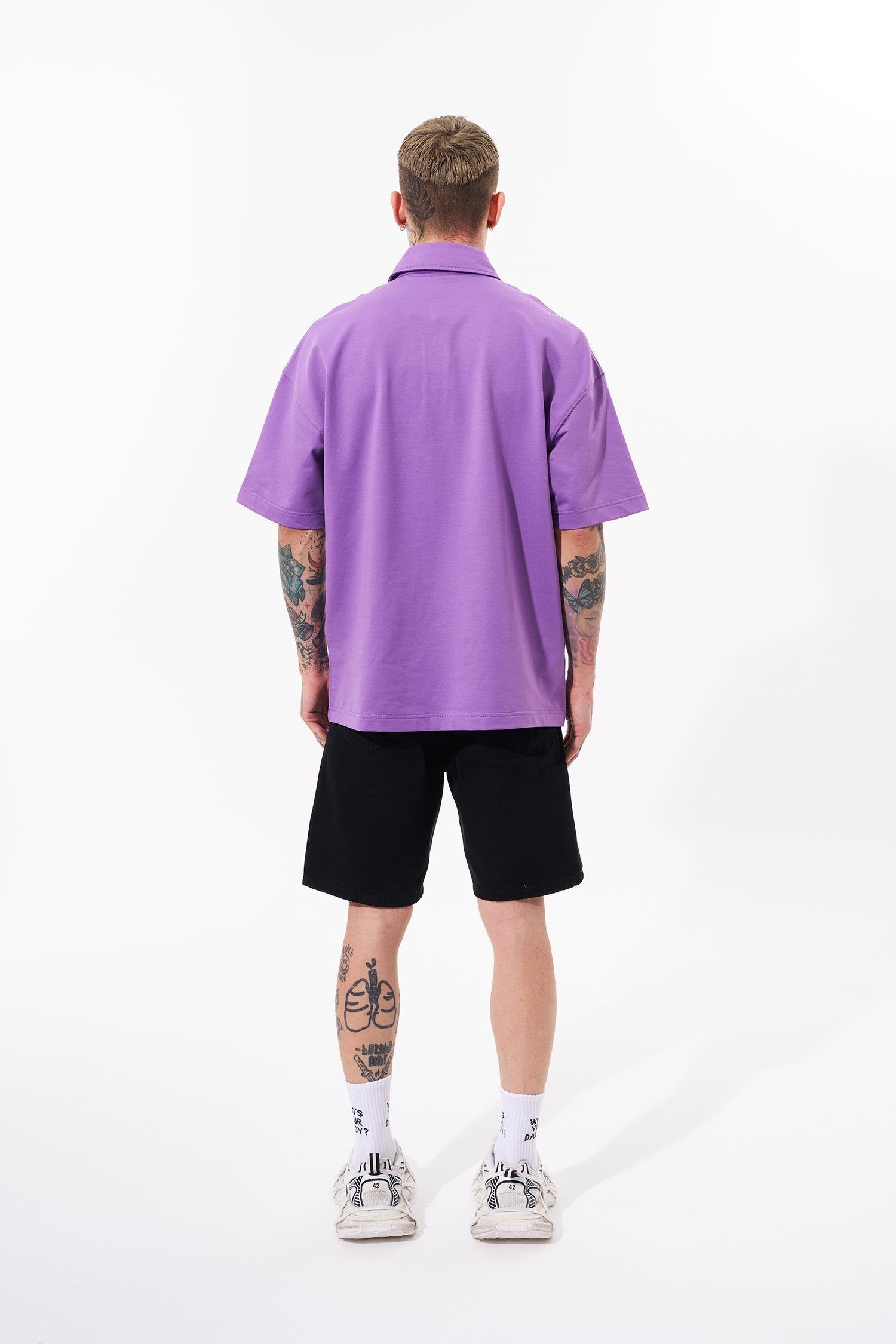 Erkek Be Yourself Polo Yaka Oversize Tişört Mor