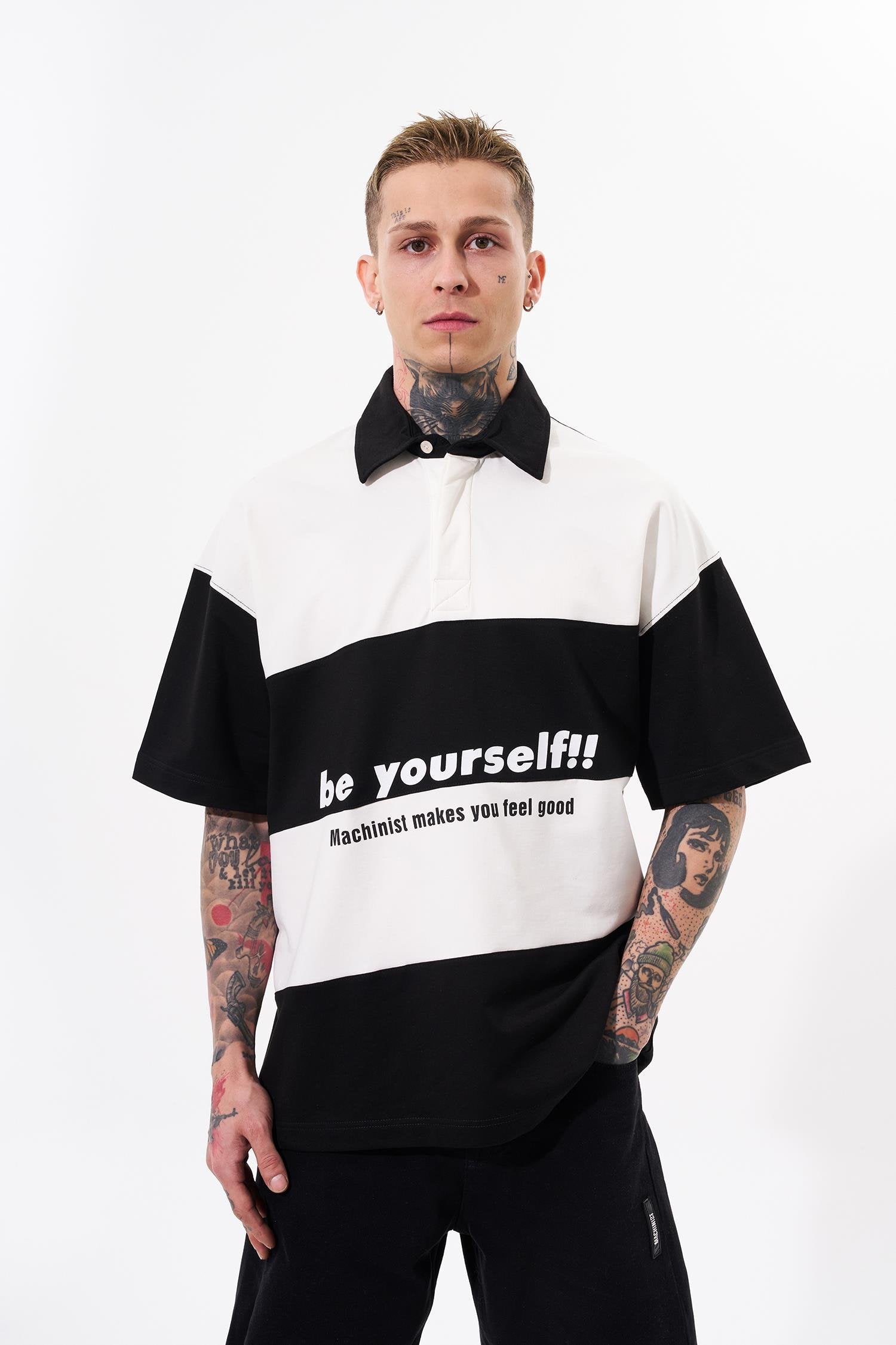 Erkek Be Yourself Polo Yaka Oversize Tişört Siyah