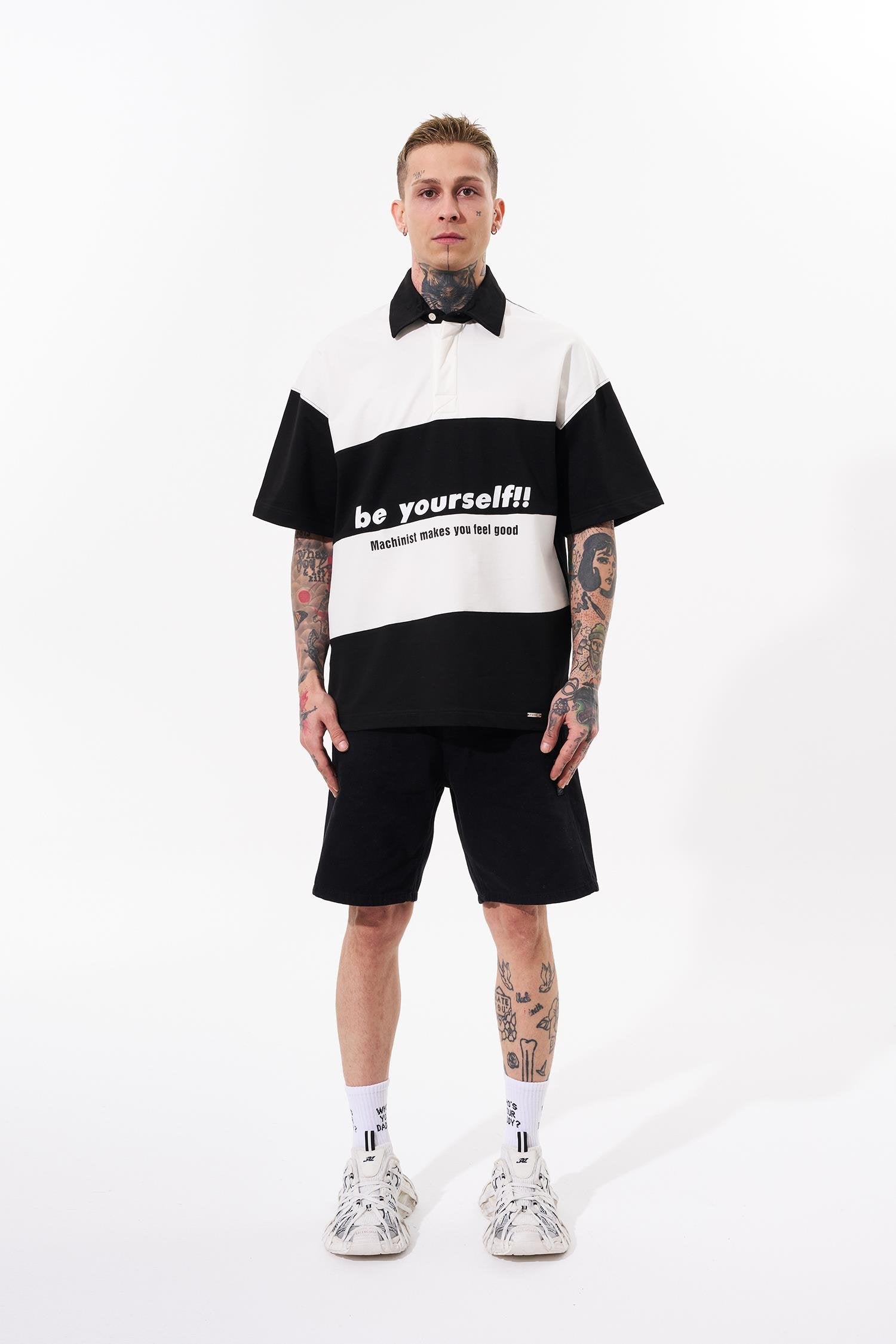 Erkek Be Yourself Polo Yaka Oversize Tişört Siyah