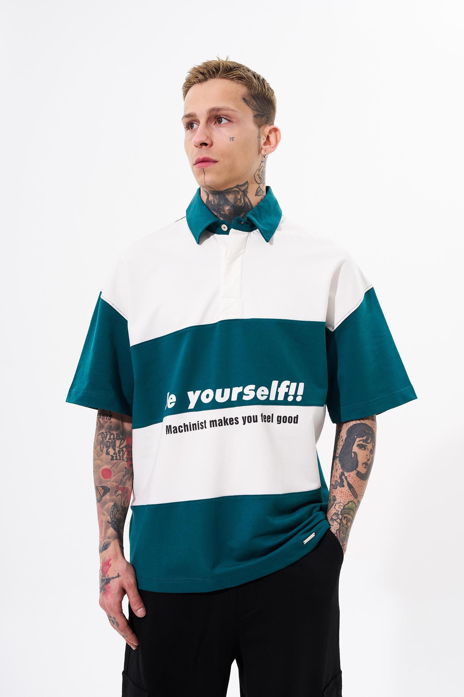 Erkek Be Yourself Polo Yaka Oversize Tişört Yağ Yeşili