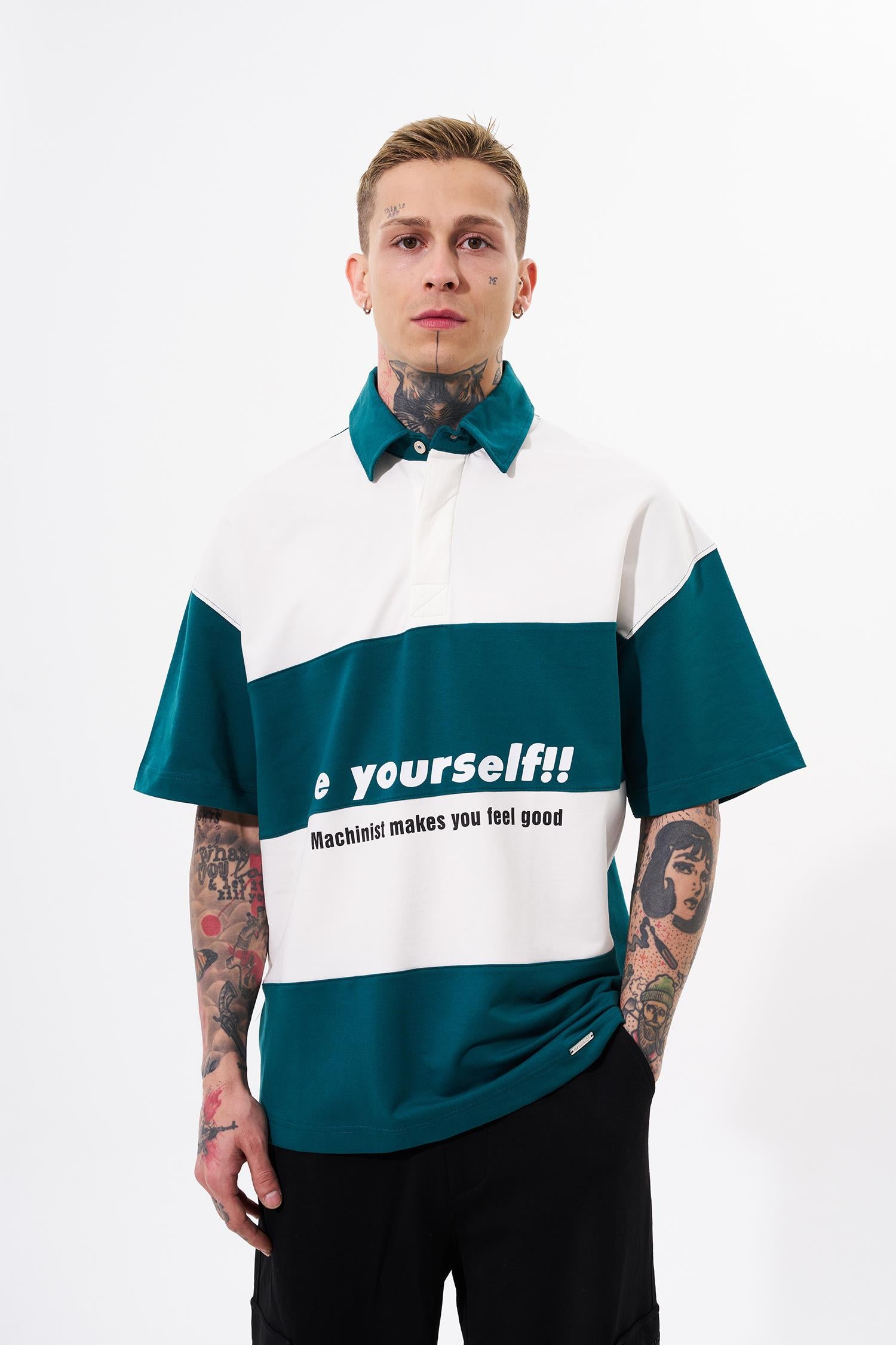 Erkek Be Yourself Polo Yaka Oversize Tişört Yağ Yeşili