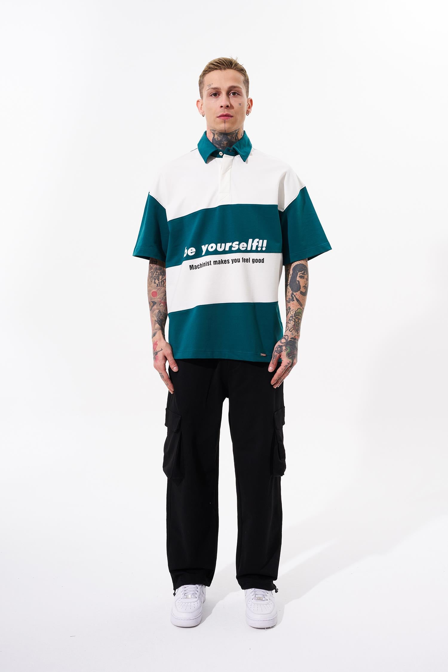Erkek Be Yourself Polo Yaka Oversize Tişört Yağ Yeşili