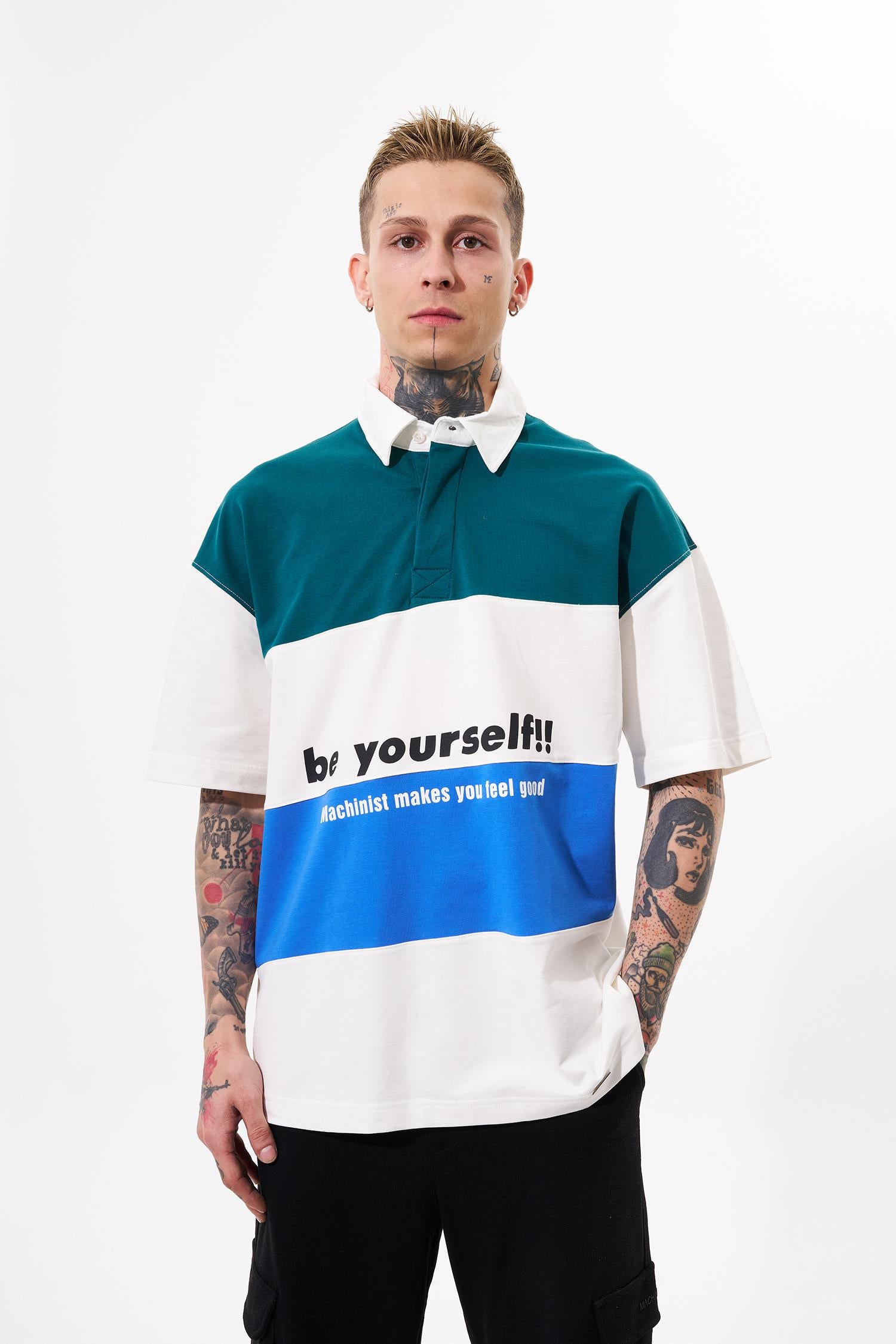 Erkek Be Yourself Polo Yaka Oversize Tişört Yağ Yeşili - Açık Mavi