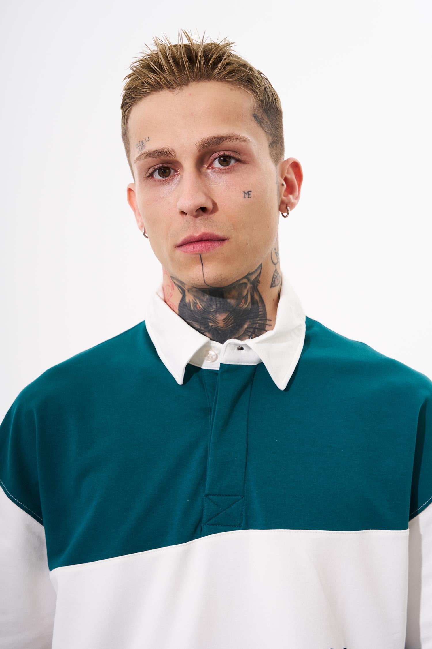 Erkek Be Yourself Polo Yaka Oversize Tişört Yağ Yeşili - Açık Mavi
