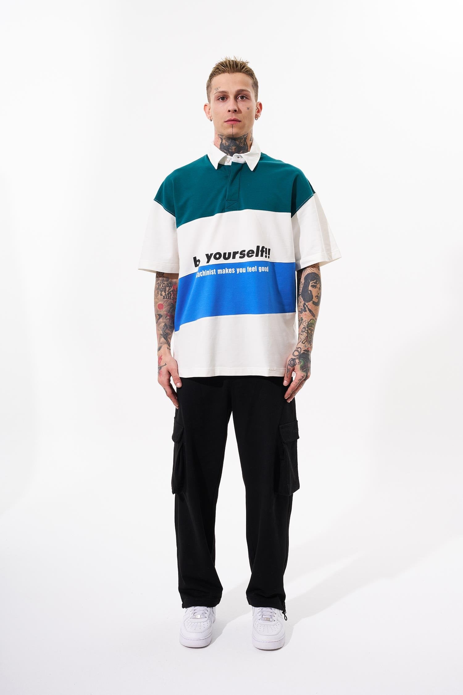 Erkek Be Yourself Polo Yaka Oversize Tişört Yağ Yeşili - Açık Mavi