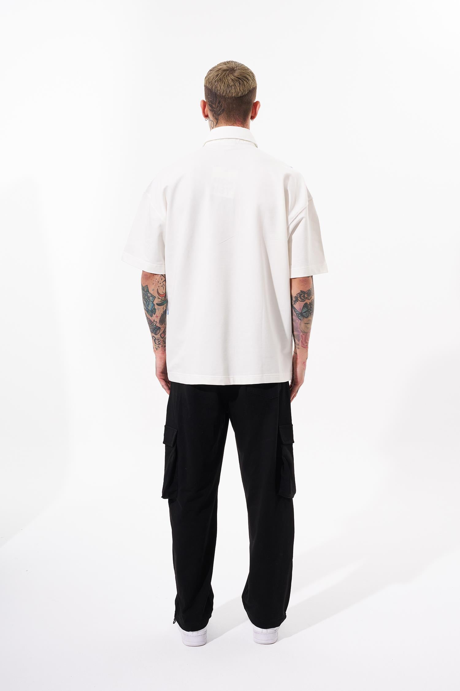 Erkek Be Yourself Polo Yaka Oversize Tişört Yağ Yeşili - Açık Mavi