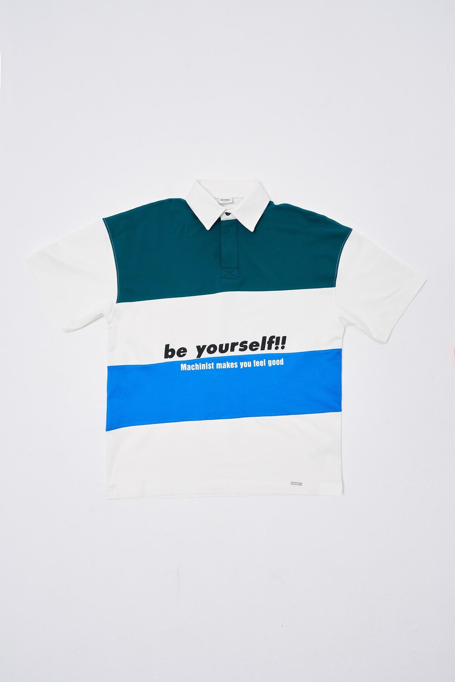 Erkek Be Yourself Polo Yaka Oversize Tişört Yağ Yeşili - Açık Mavi