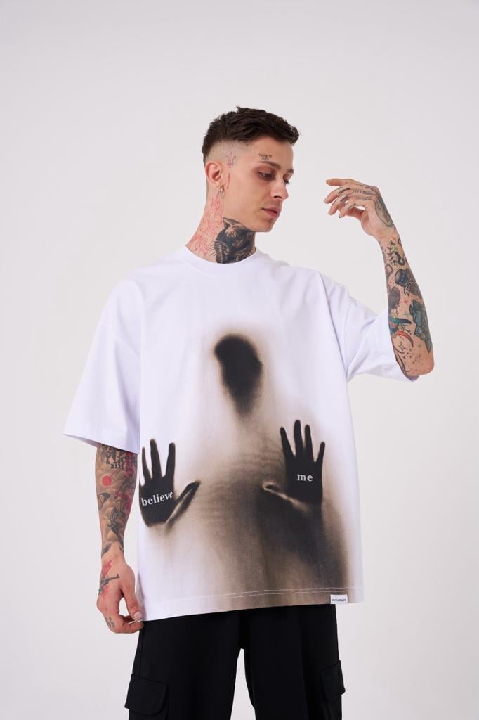 Erkek Believe Me Baskılı Oversize Tişört Beyaz