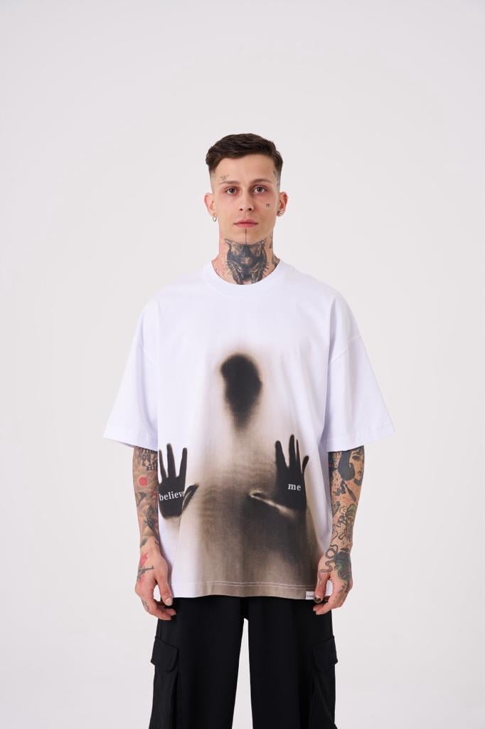 Erkek Believe Me Baskılı Oversize Tişört Beyaz