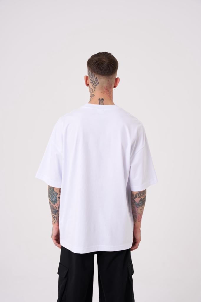 Erkek Believe Me Baskılı Oversize Tişört Beyaz